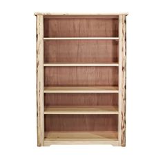 a wooden bookcase with three shelves and no doors on the front, one shelf is empty