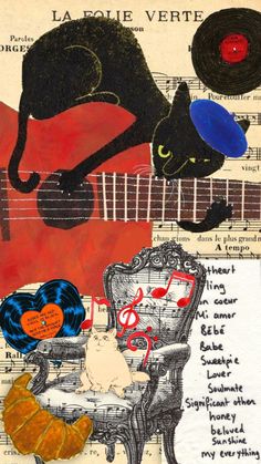 an altered collage with cats and music