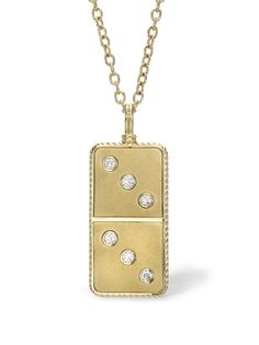 A simple reminder that everything starts somewhere, the domino symbolizes a sense of accomplishment and growth. The domino necklace from Retrouvai is handcrafted in 14k yellow gold and detailed in six sparking white diamonds. Add this exquisite work of art to your jewelry collection for a timeless look. Handcrafted in 14-karat yellow gold. Detailed in diamonds. Domino measures 2-in long with bale. Necklace measures 24-in. long. Finished with a lobster clasp.