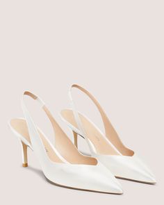 EVA 75 SLINGBACK | Stuart Weitzman Wedding Dress And Flats, 3 Inch Wedding Heels, Ivory Slingback Heels, Modern Wedding Heels, Silk Wedding Shoes, White Satin Wedding Shoes, Old Money Wedding Shoes, Wedding Dress With Flats, Close Toed Wedding Shoes