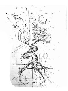 an ink drawing of a tree with its roots growing out of it, surrounded by geometric shapes