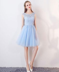 Light Blue Knee-length Dress For Banquet, Light Blue Knee-length Prom Dress, Prom Dress With Illusion Neckline, Knee-length, Blue Knee-length Evening Dress For Prom, Knee-length Blue Evening Dress For Prom, Knee-length Lace Crochet Dress For Vacation, Blue Knee-length Wedding Mini Dress, Prom Dress With Illusion Neckline, Tulle Dress With Illusion Neckline For Banquet