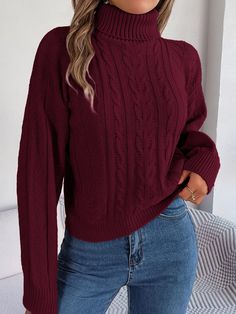 F00196862-204 Casual Turtleneck, Cable Knit Turtleneck Sweater, Sweater Outfit, Ladies Turtleneck Sweaters, Estilo Chic, Long Sleeve Pullover Sweater, Burgundy Sweater, Sweater Material, Pullover Sweater Women