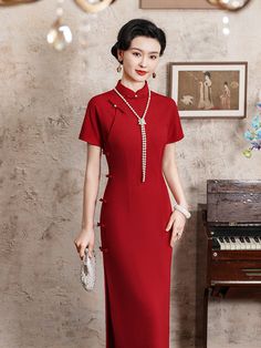 Beth and Brian Qipao-JD High end, plain pattern, red midi Cheongsam Qipao Modern, Red Cheongsam, Black Cheongsam, Qipao Pattern, Wedding Qipao, Red Qipao, Cheongsam Modern, Modern Qipao, Red Midi