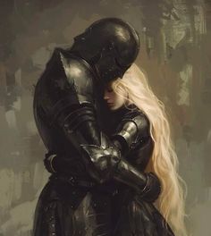 a painting of a woman hugging a man in armor with long blonde hair wearing a helmet