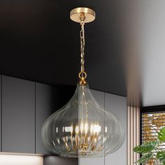 a chandelier hanging from the ceiling in a kitchen with potted plants on the counter