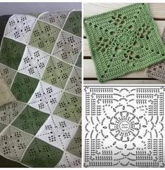 crochet patterns for blankets and afghans are shown in three different colors, including green