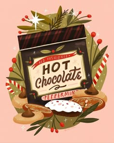 an illustration of a hot chocolate box surrounded by christmas decorations