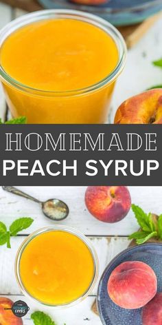 homemade peach syrup with fresh peaches in the background