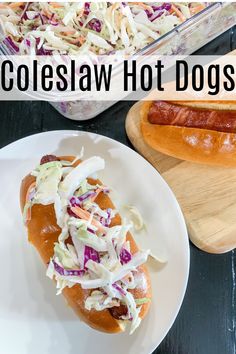 coleslaw hot dog with slaw on it next to a wooden cutting board