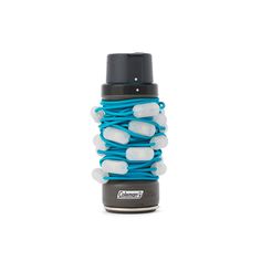 a water bottle with blue and white stringing around it's neck, on a white background