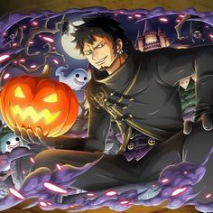 an anime character holding a jack - o - lantern in front of a halloween scene