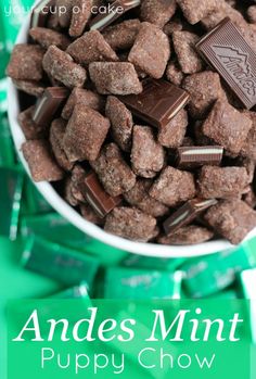 a bowl full of chocolate puppy chow with the words and title above it that reads, candies mint puppy chow