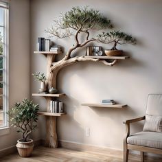 a tree shaped shelf in the corner of a room next to a chair and potted plant