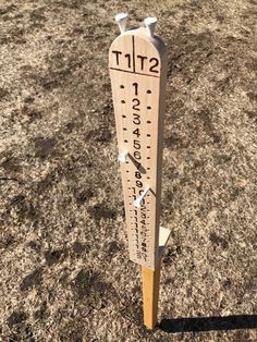 a wooden thermometer sitting on top of a dry grass field