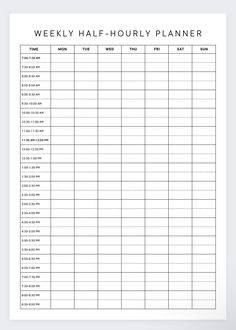 the printable weekly half - hour planner is shown in black on a white background