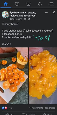 an image of oranges being peeled and placed on a cutting board with the words facebook