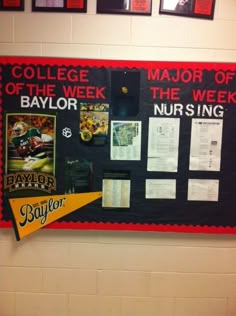 a bulletin board with pictures on it in a school gym room that says college major of the week