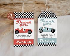 two gift tags that say thank you and race car