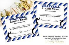 two volleyball certificates with blue and white stripes, one is holding a ball while the other