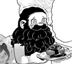 a black and white drawing of a man with a beard holding a cake on a plate