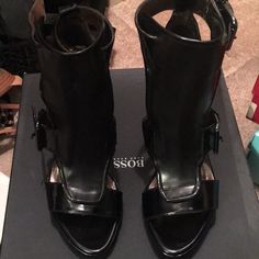 Black Open Sided Sandal Bootie. Double Buckle On The Outside. Size 9 Awesome Sexy Bootie Sandal Hugo Boss Shoes, Boss Shoes, Evening Heels, Pointed Pumps, Strappy Stilettos, Black Leather Pumps, Bootie Sandals, Boss Black, Strappy Sandals Heels