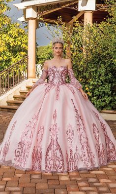 Blush pink strapless sweetheart sequin quinceanera dress with removable sheer sleeves. Gown Making, Embroidered Corset, Quince Dress, Hourglass Silhouette, Embroidery Detailing, Body Measurement, Quinceanera Dress, Corset Back, Prom Girl