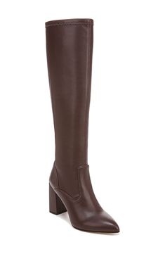 Classic and versatile, this boot is sure to be a fave thanks to a back zipper for easy on-and-off styling along with a pointed toe that gives you legs for days. 3 1/2" heel 15 1/4" shaft; 12 3/4" calf circumference Synthetic upper and lining/rubber sole Imported Brown Knee High Boots Low Heel, Narrow Calf Boots Woman Slim Calves, Brown Boots Outfit Fall, Narrow Calf Boots, Brown Boots Outfit, Chocolate Brown Boots, Brown Leather Knee High Boots, Franco Sarto Boots, Brown High Boots