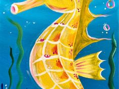 a painting of a yellow fish swimming in the ocean with bubbles and seaweed around it