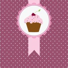 a cupcake with pink frosting and a cherry on top is in the middle of a polka dot background