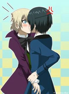 two anime characters hugging each other in front of a checkered wall