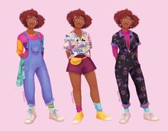 three black women in overalls and sneakers standing next to each other on a pink background