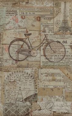 a collage of old papers with a bicycle on it