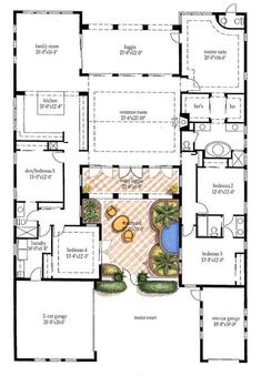 a floor plan for a house with an outdoor pool