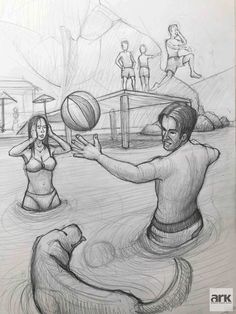 a drawing of a man and woman playing with a ball in the water while another person watches