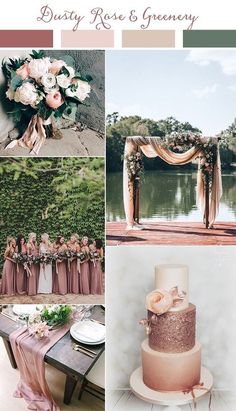 a collage of different pictures with flowers and greenery on them, including a wedding cake