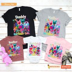 three personalized onesuits with the names of each child's birthday party