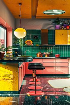 an image of a kitchen setting with pink and green colors on the walls, flooring and counter tops