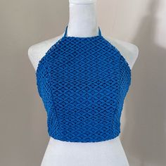 New With Tags Halter Neck Crop Top By Studio F In A Blue Crochet Style Knit Fabric. Lined, With A Back Zip Closure. Size Xs. Halter Neck Crop Top, Crochet Halter, Halter Crop Top, Halter Neck, Crochet Fashion, Knitted Fabric, Crop Tops, Womens Tops, Knitting