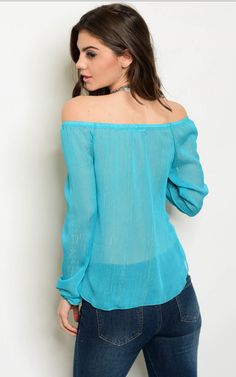 Trendy Off-shoulder Beach Blouse, Blue Long Sleeve Off-shoulder Top For Spring, Blue Cold Shoulder Tops For Spring, Chic Turquoise Blouse For Spring, Blue Long Sleeve Off-shoulder Top For Summer, Blue Off-shoulder Long Sleeve Top For Summer, Blue Off-shoulder Blouse For Day Out, Blue Off-shoulder Party Blouse, Summer Blue Cold Shoulder Top