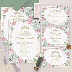 Sage Green & Blush Pink Quinceañera Invitation Suite, EDITABLE Save the Date RSVP 15th Birthday Bundle, Floral Mis Quince Anos Set, Q111 ⭐ DEMO - try before you buy ➥ Try it right now! Just copy and paste this demo link into your web browser (CORJL works best in PC or Mac) https://www.corjl.com/d/PD7F6 ⭐ IT'S A MATCH! ➥ Click this link for all the matching items! https://www.etsy.com/shop/DahliaPaperBoutique?search_query=Q111 ⭐ YOU WILL RECEIVE  ➥ This set contains the following items: ✔ INVITATION: 5 by 7" in ✔ PADRINOS LIST: 5 by 7" in ✔ RSVP: 5 by 3.5" in ✔ SAVE THE DATE: 5 by 3.5" in ✔ THANK YOU (flat or tentfold): 5 by 3.5" in ➥ Envelope size required for this template ✔ 5 by 7" in - A7 sized (5 1/4 by 7 1/4" in) ✘ No physical items will be shipped, this is a DIGITAL PRODUCT ✘ No soft Green And Pink Invitation, Save The Date Rsvp, Invitations Quinceanera, Quinceañera Invitation, Quinceanera Invitations, Gold Invitations, Pink Invitations, 15th Birthday, Invitation Suite