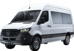 a white van with black trim parked in front of a white background