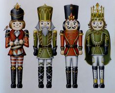 three nutcrackers are standing next to each other