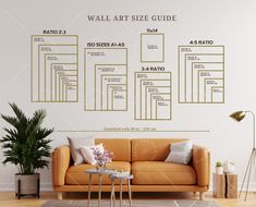 the wall art size guide is shown in this living room