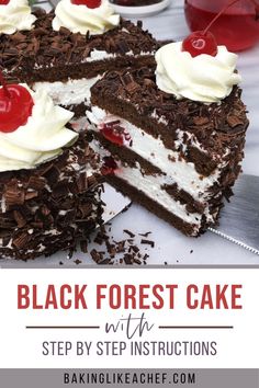 Sliced German Black Forest cake on a cake board Black Forest Cake Recipe Traditional, Black Forest Cake Without Alcohol, Black Forest Cake Easy Recipes, Homemade Black Forest Cake, Black Cherry Forest Cake, Black Forest Cake Traditional, German Black Forest Cake, Homemade Cherry Sauce, Black Forest Cherry Cake