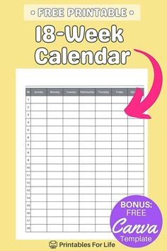 A handy 18-week calendar for planning school quarters, fitness routines, or home projects. Print or customize in Canva to make it fit your life. Download for free today!