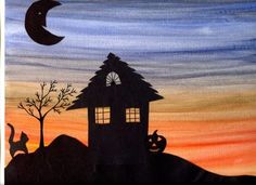 a painting of a house with two cats and a cat on the roof at night