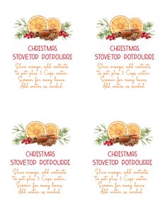 four christmas labels with oranges, cinnamon and holly on the top one is for potpouri