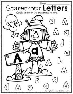 a scarecrow letter coloring page with the letters and numbers to be colored on it