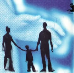 the silhouettes of two men and a child are shown against an ice - covered background